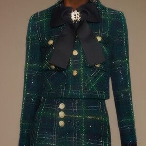 Stylish Green Tweed Plaid Two Piece Suit S-M